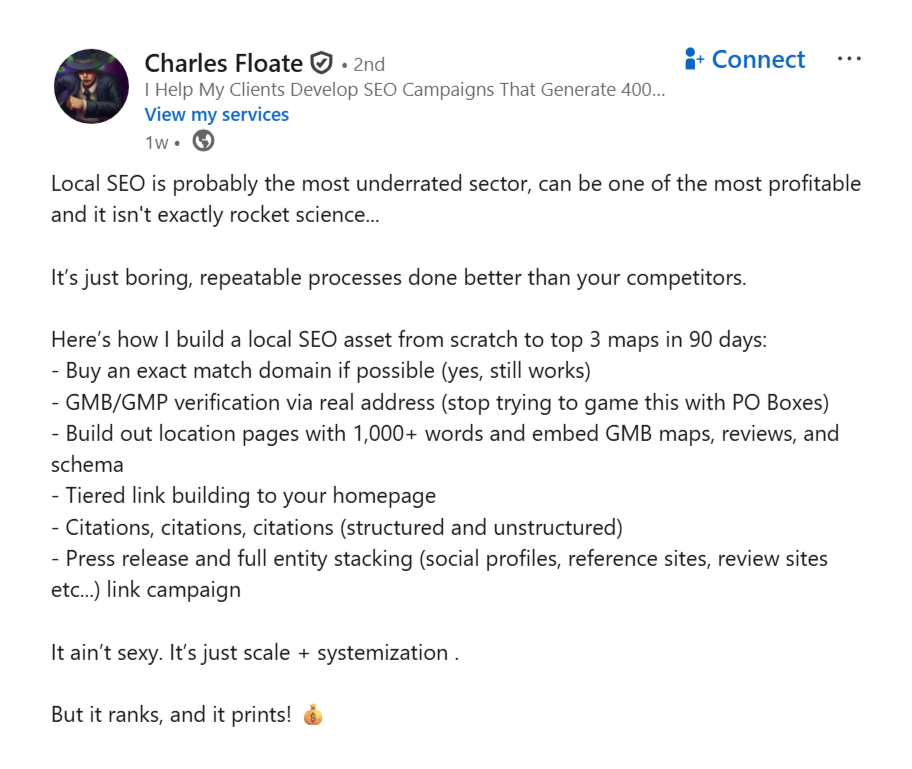 SEO consultant Charles Floate gives local SEO tips on a LinkedIn post.