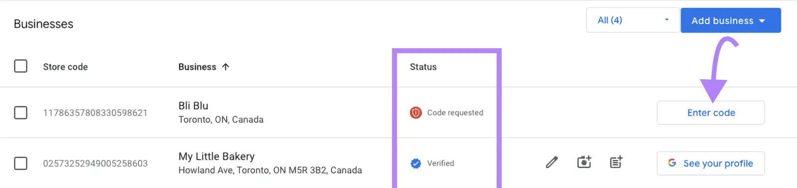 Google Business Profile Manager with the "Status" column and the "Enter code" button highlighted.