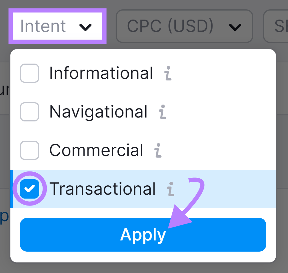 Filtering keywords by "Transactional" search intent in Keyword Strategy Builder tool