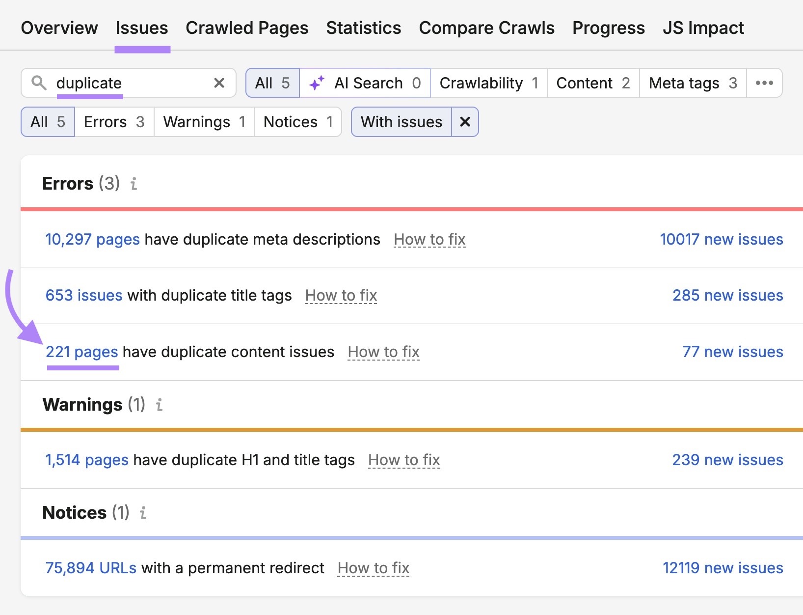 Site Audit Issues with "duplicate" entered and "221 pages with duplicate content issues" clicked.