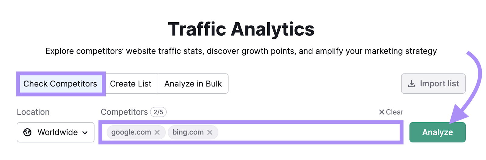 "google.com," and "sr03.amzseller.tools/__blocked-external" entered into Traffic Analytics search bar