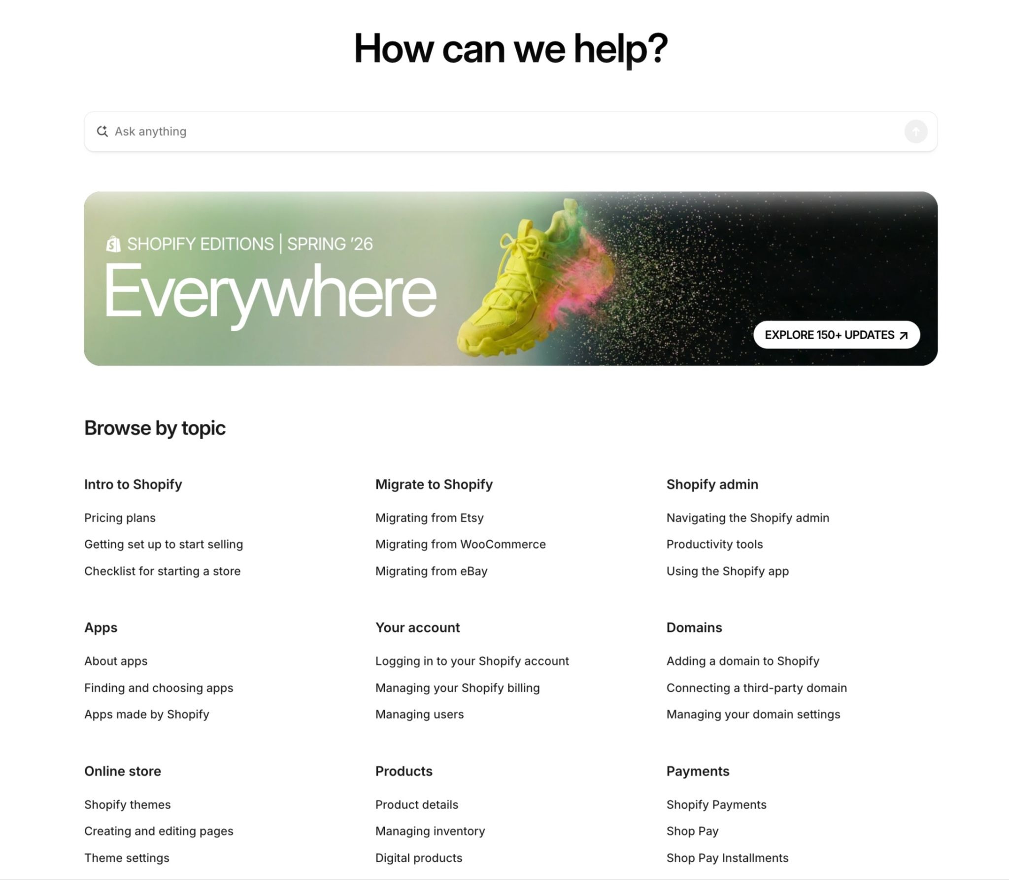 Shopify's Help Center organized into topics such as apps, online store, products, and payments.