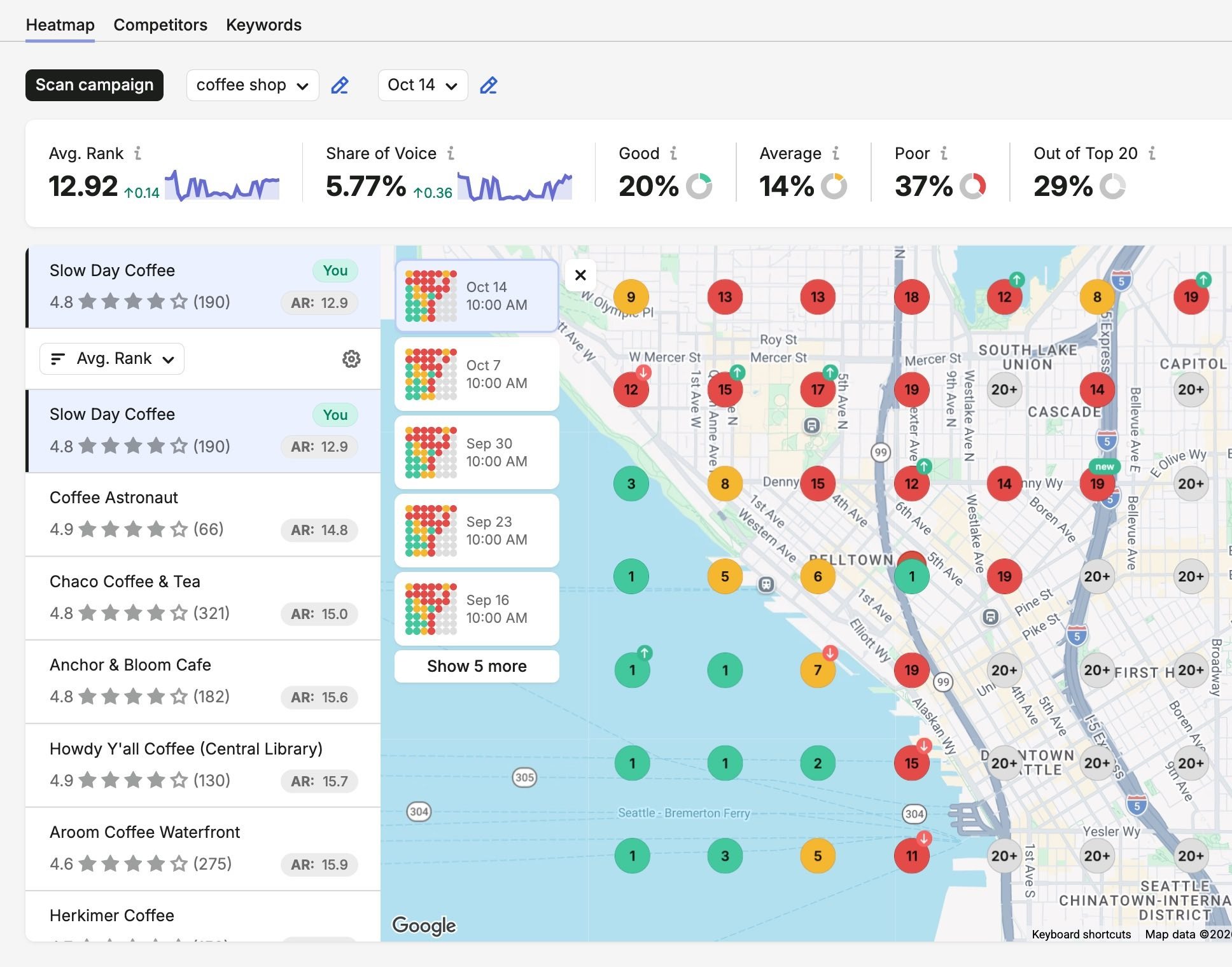 Map Rank Tracker showing where a business ranks for keywords in different areas of a region on Google Maps.