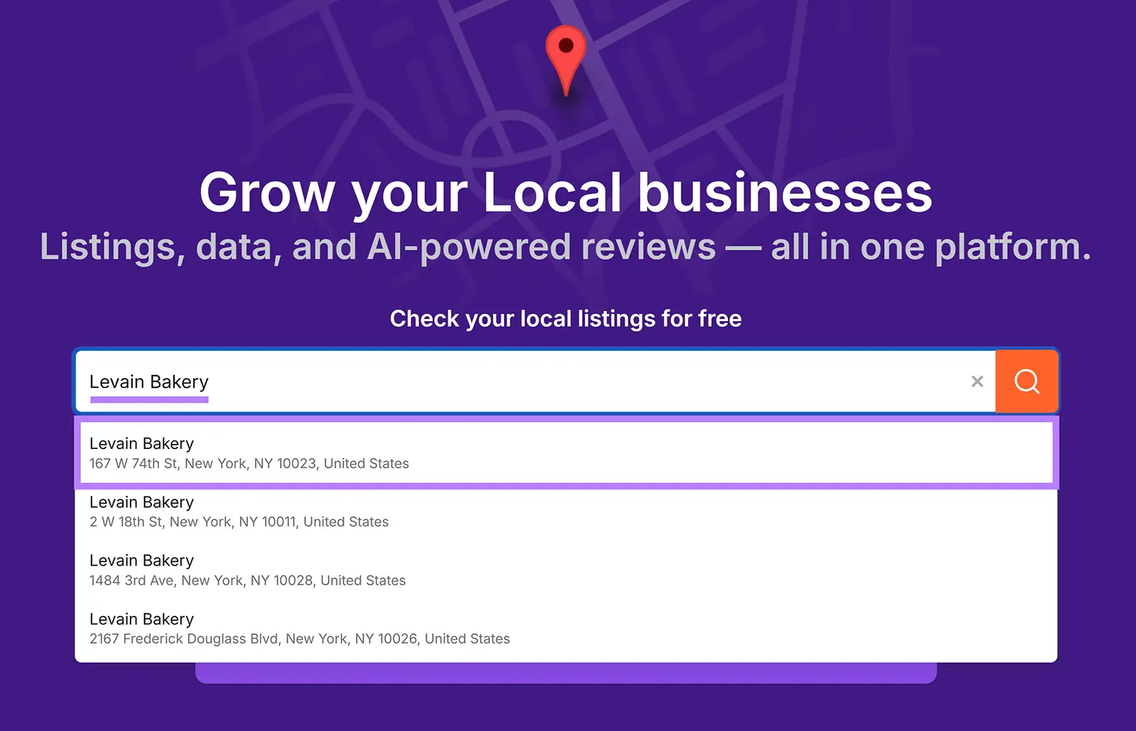 Listing Management tool start with "Levain Bakery" entered and highlighted in the drop-down options.