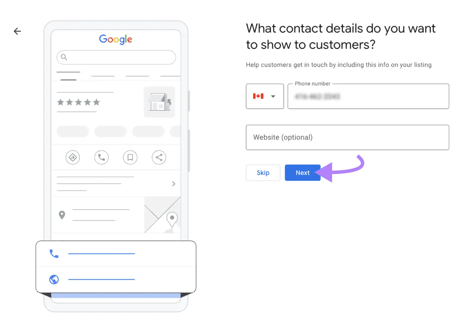 "Contact details" screen on GBP with a phone number entered and "Next" clicked.