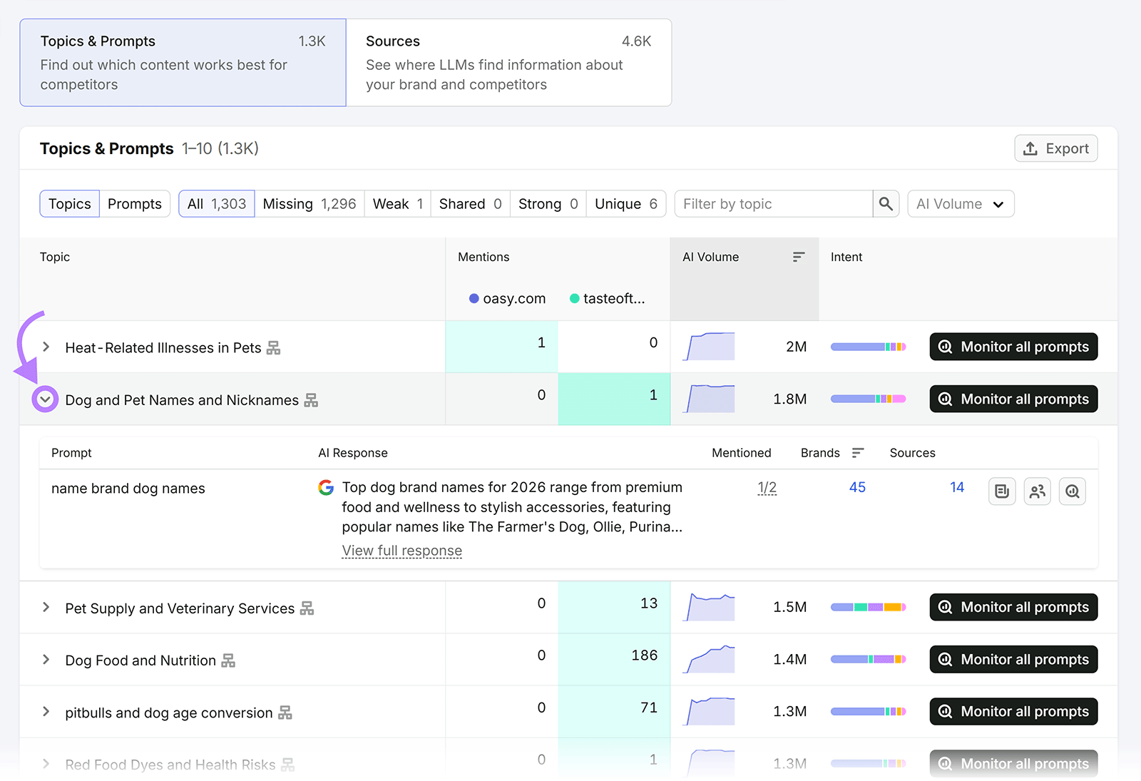 Competitor Research topics and prompts report with expanded AI response details