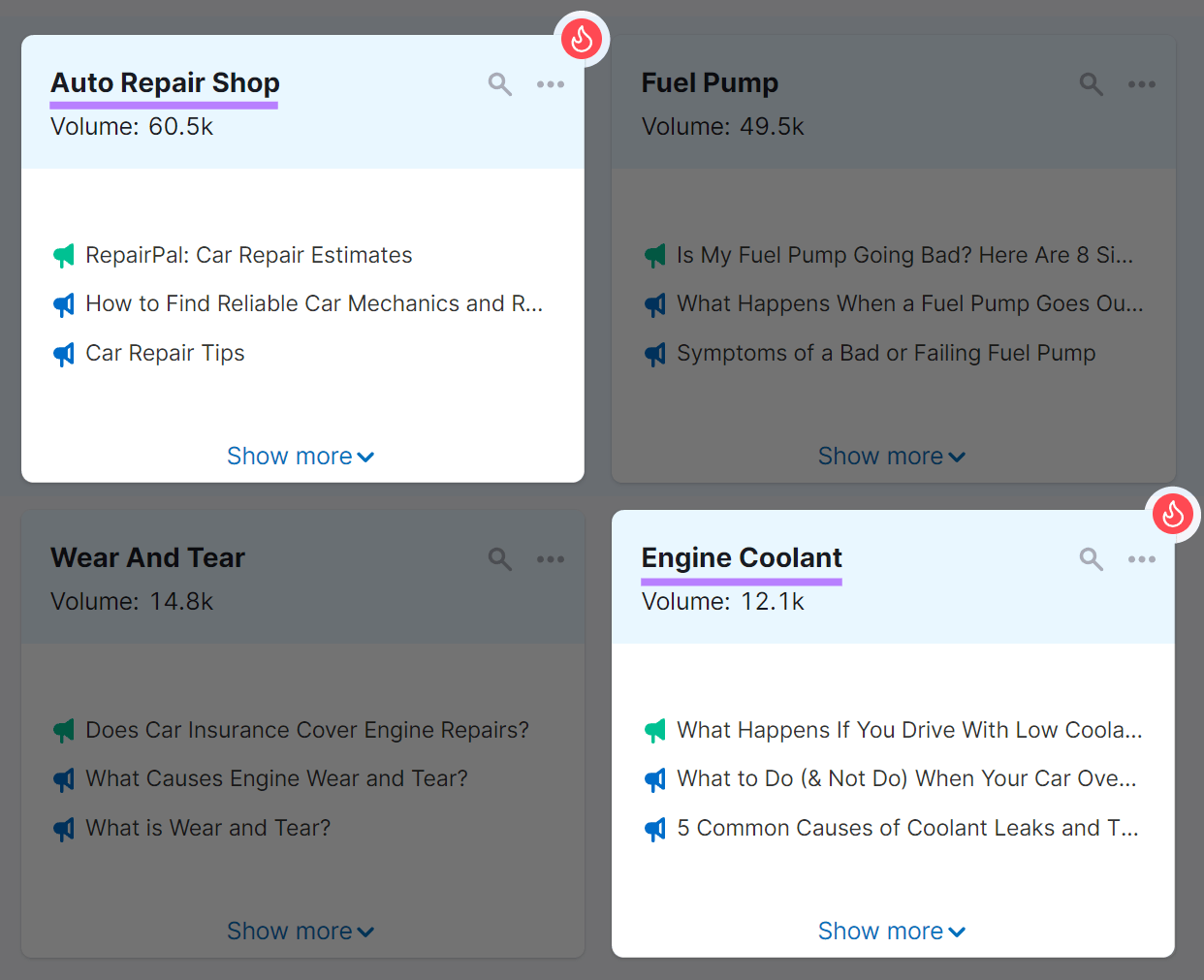 "Auto Repair Shop" and "Engine Coolant" subtopics found in Topic Research tool