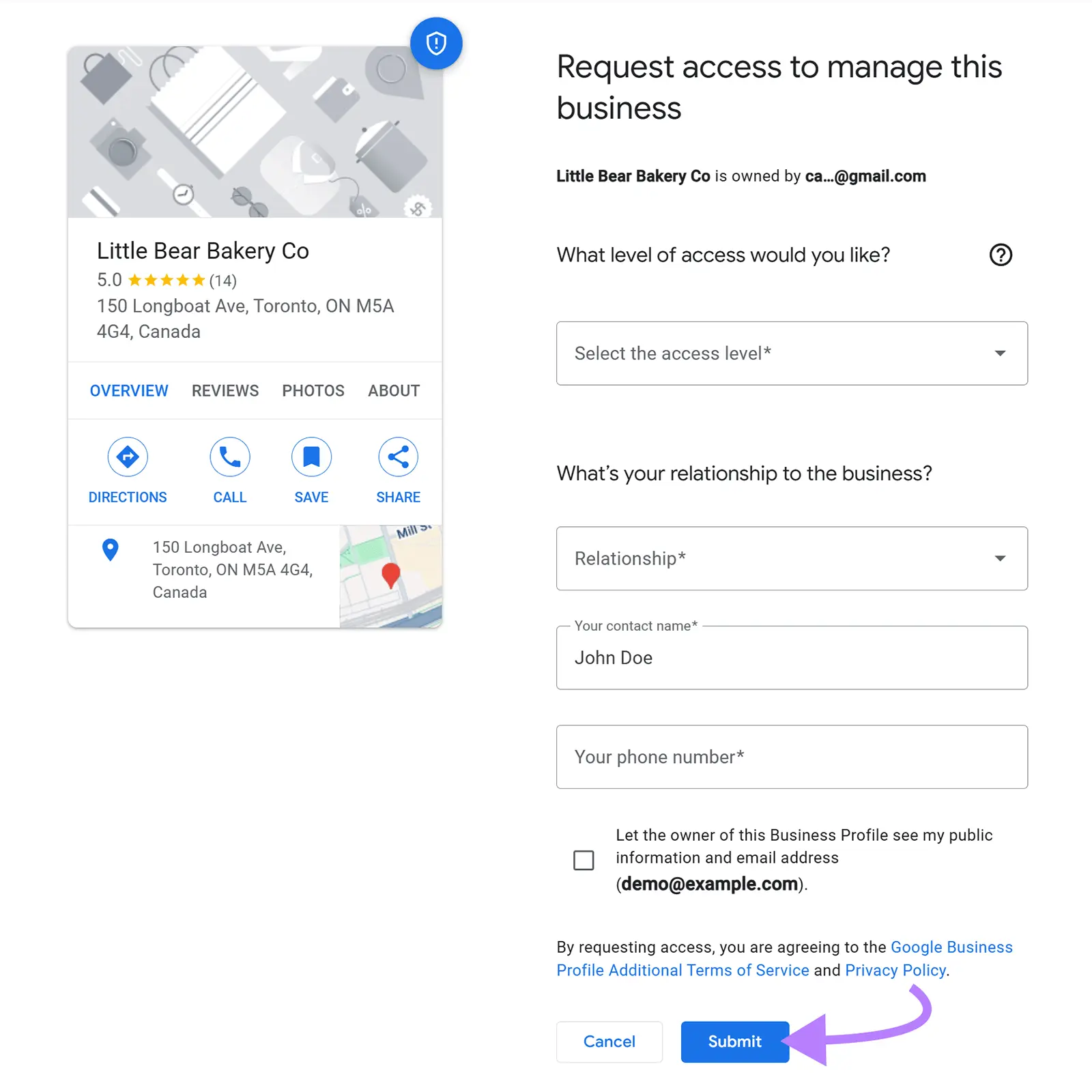 The "Request access to manage this business" screen on GBP with the "Submit" button highlighted.