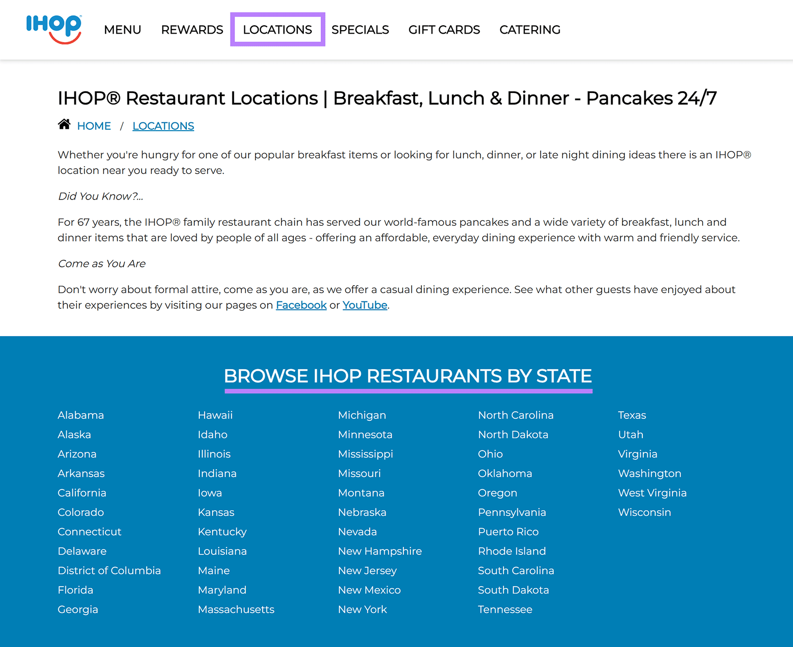 IHOP locations hub page listing restaurant locations by U.S. state
