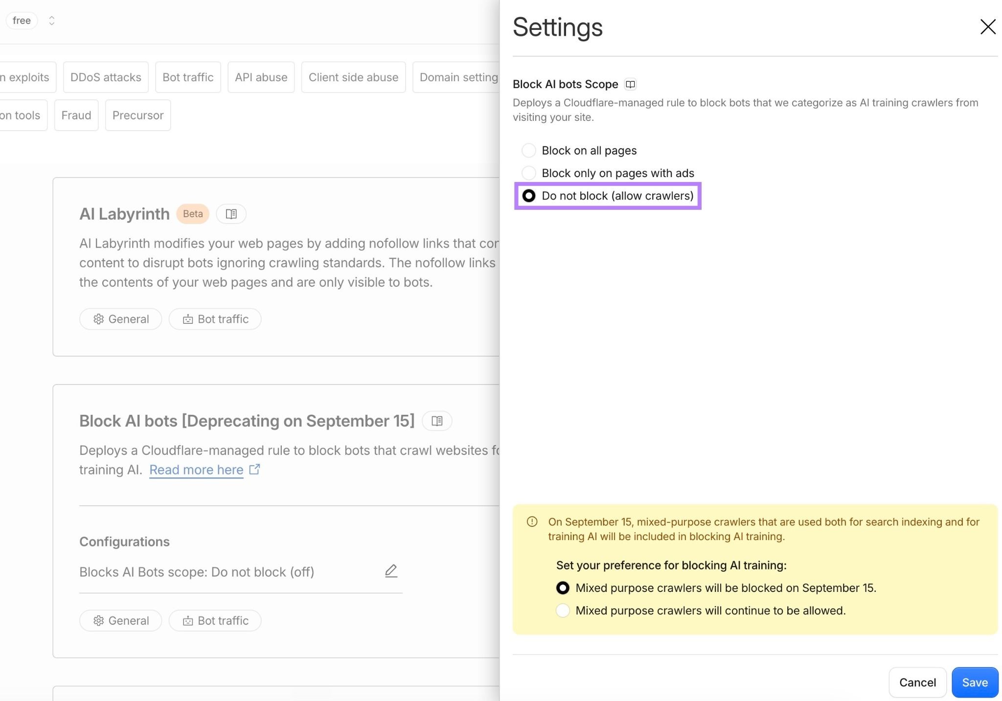 "Do not block (allow crawlers)" selected on Cloudfare's security settings.
