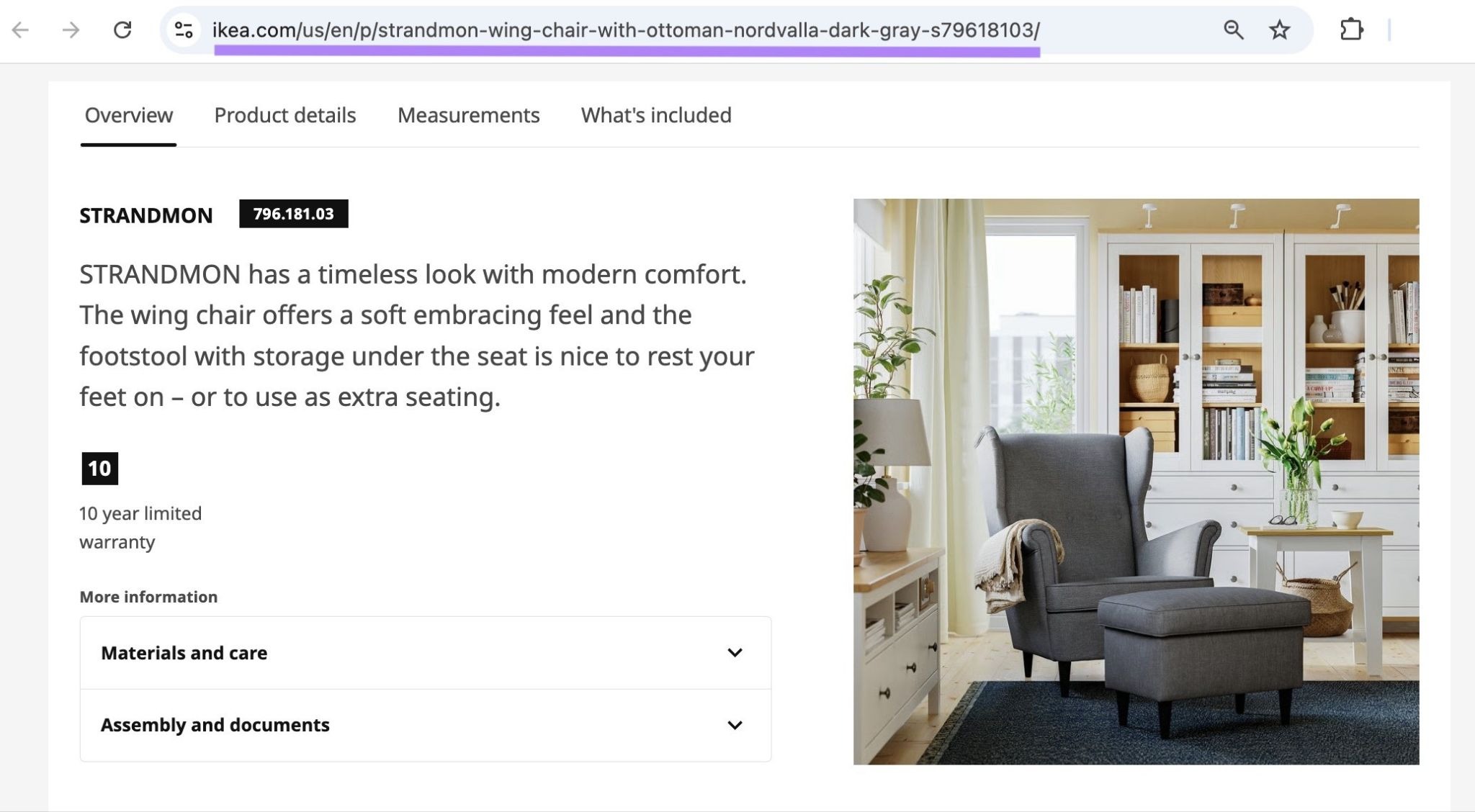 The dark gray version of a product variant page by Ikea with the URL highlighted.
