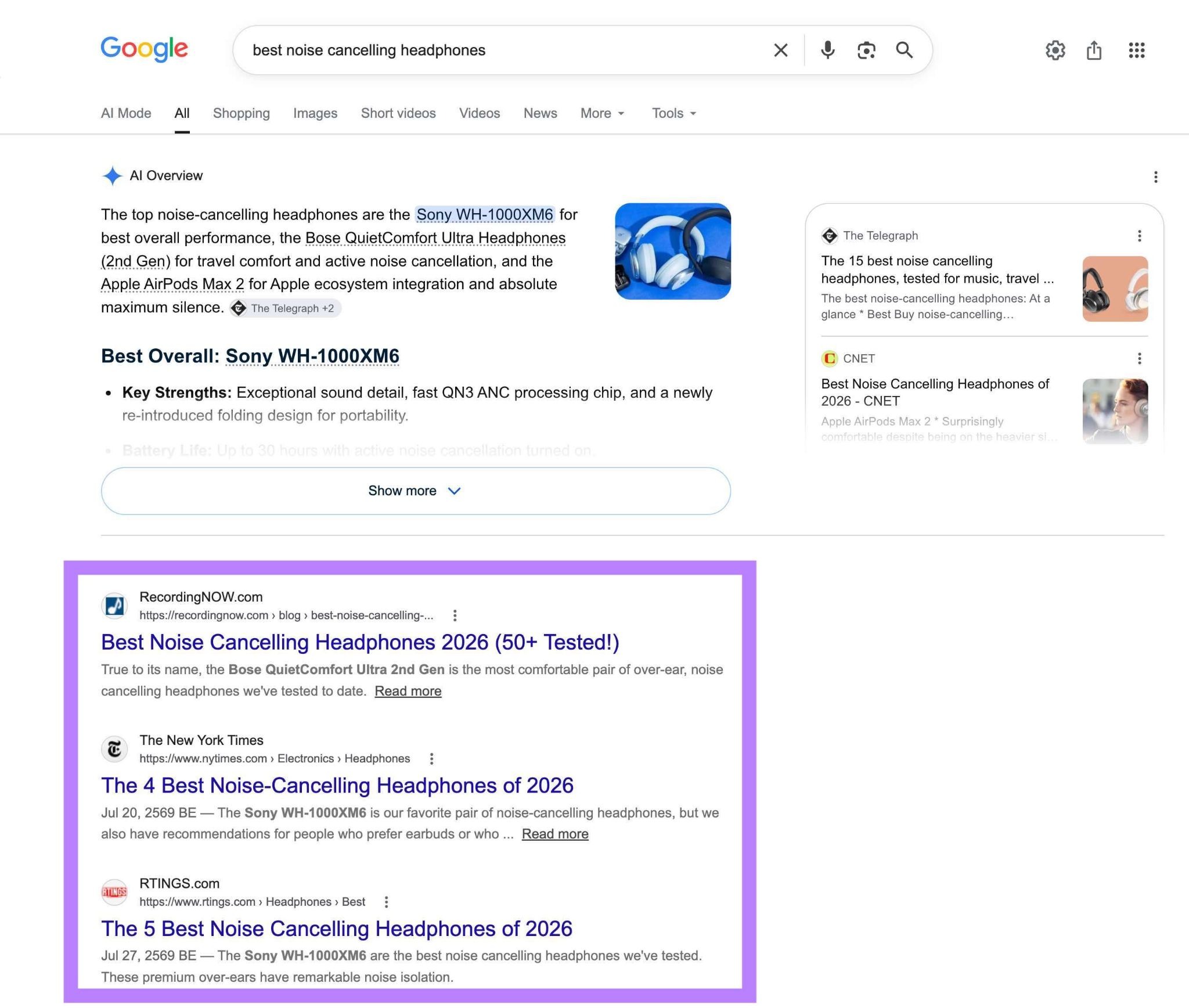 Google SERP for the term "best noise cancelling headphones" with the organic listings below the AI Overview highlighted.