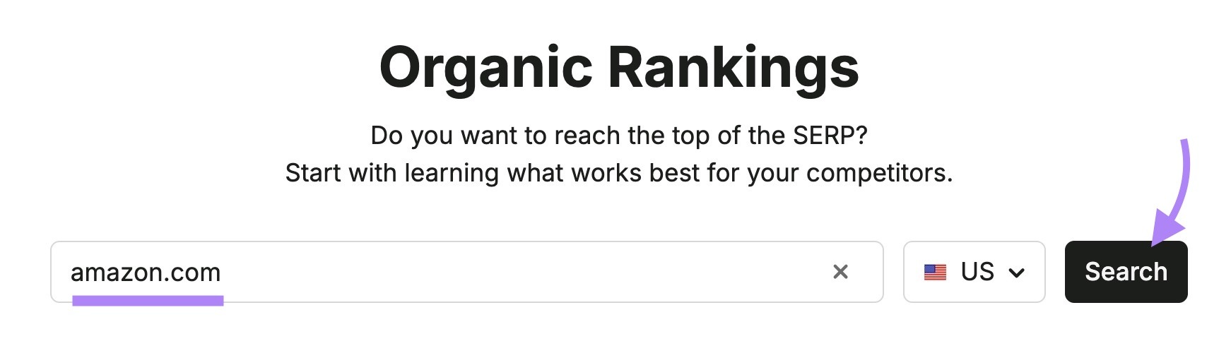Organic Rankings tool start with "amazon.com" entered as the domain and "Search" clicked.