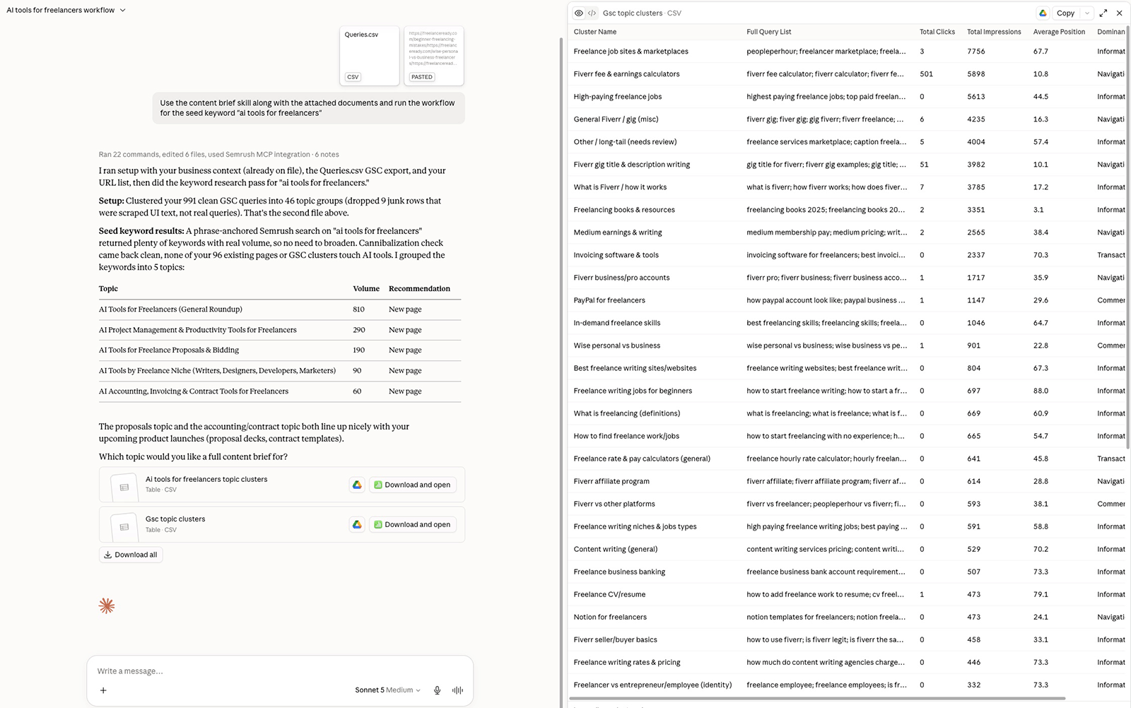 Claude SEO agent test using a GSC queries export to create keyword topics and existing search query clusters