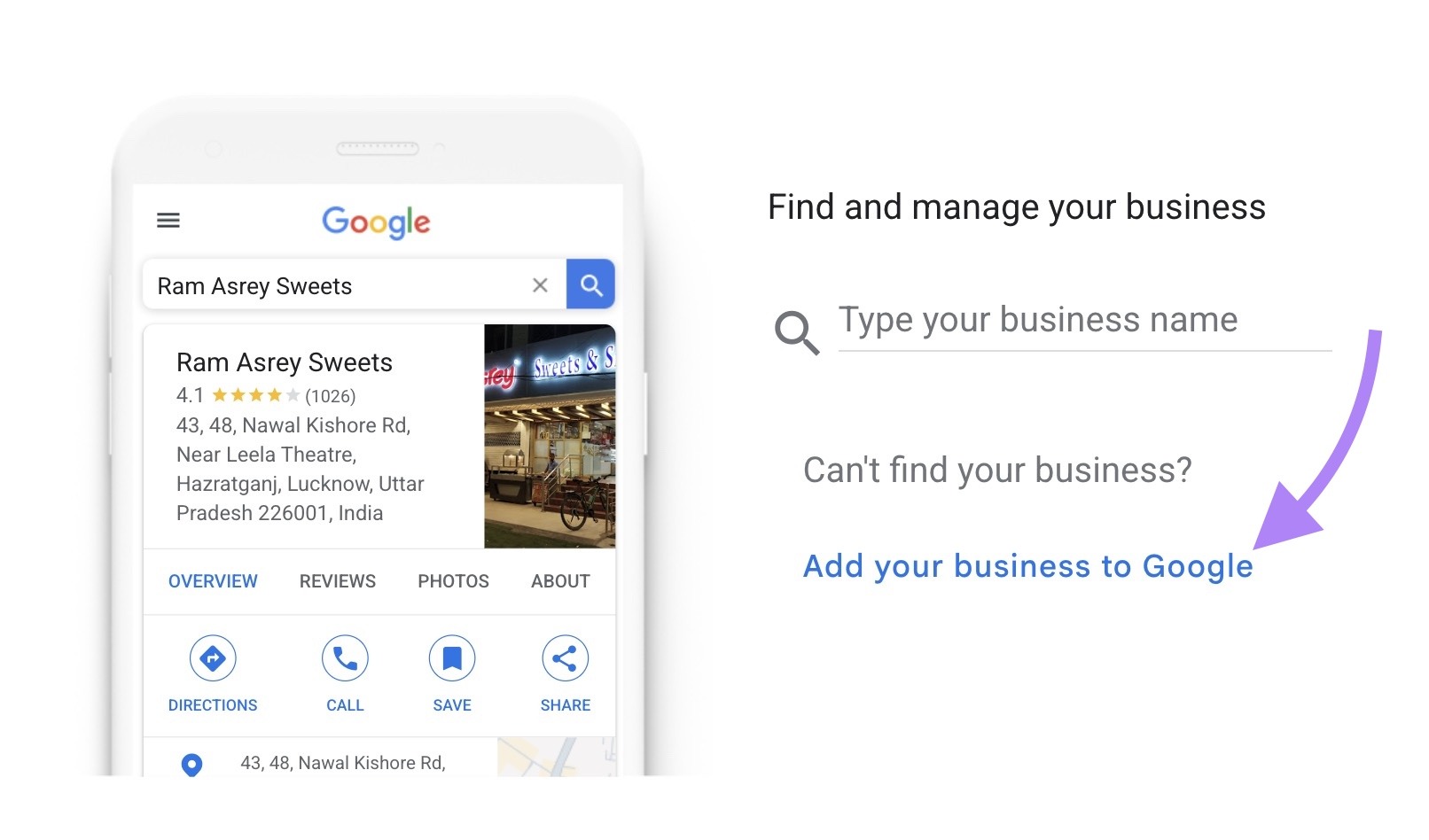 The Google Business Profile setup start page with "Add your business to Google" highlighted.