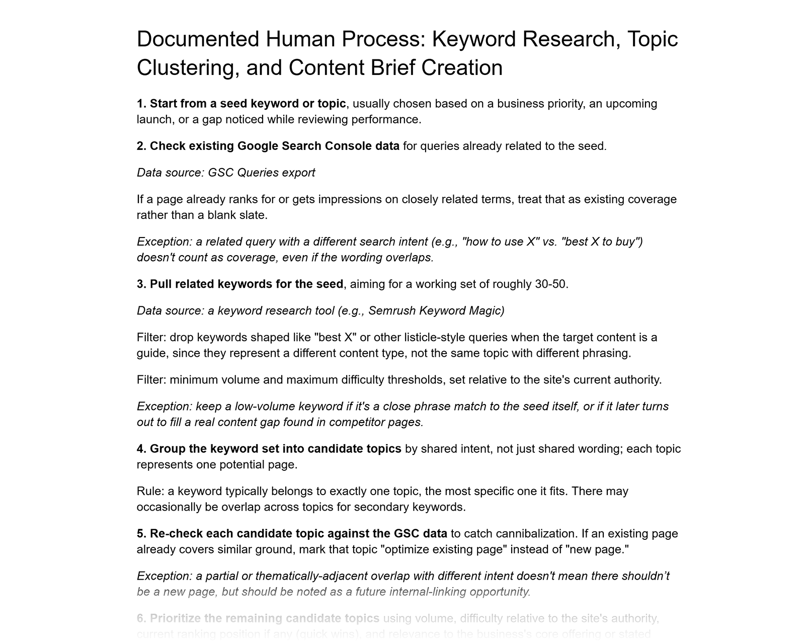 Documented human SEO process covering keyword research, topic clustering, GSC checks, filters, and content brief creation