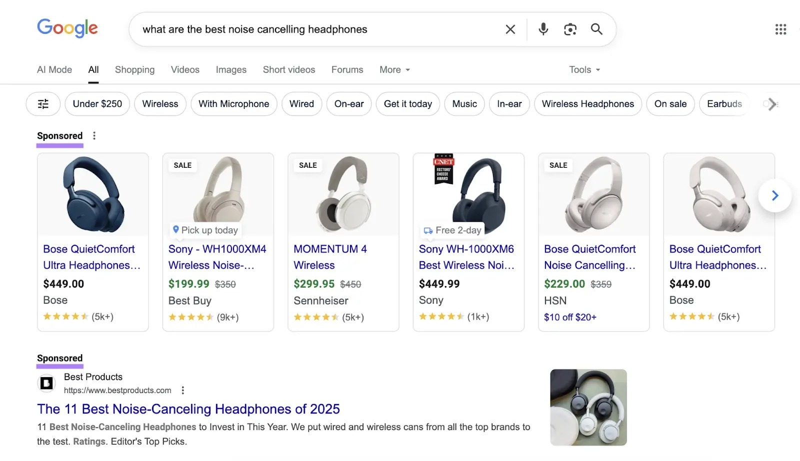 Google SERP for the term "what are the best noise cancelling headphones" surfacing product listing ads followed by a paid search ad at the top.