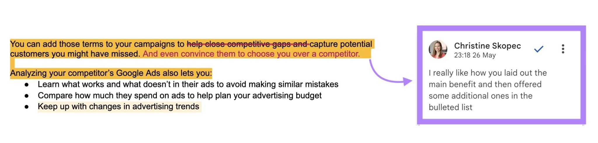 A note by the editor on an article draft appreciating the author's approach of highlighting multiple benefits.