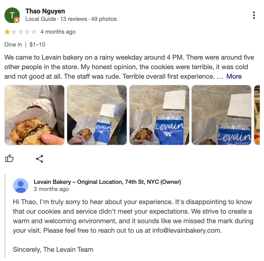 A response by Levain Bakery to a negative review on Google.