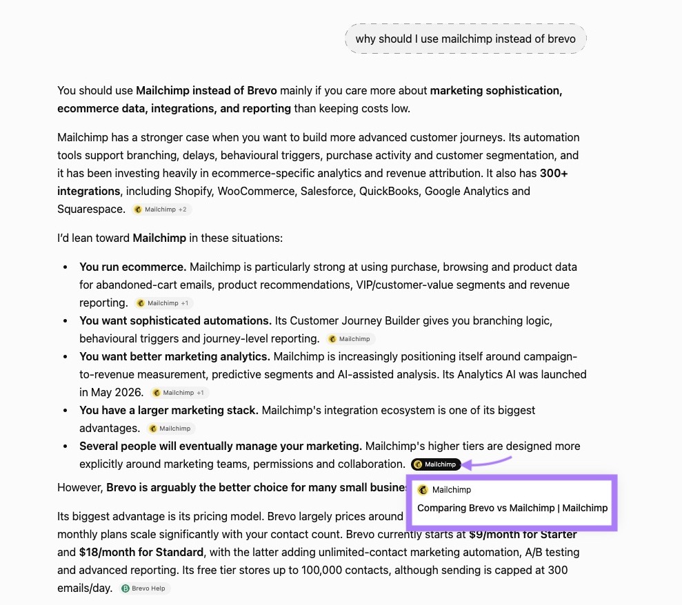 Mailchimp's Brevo comparison page cited as a source for the prompt "why should i use mailchimp instead of brevo" on ChatGPT.