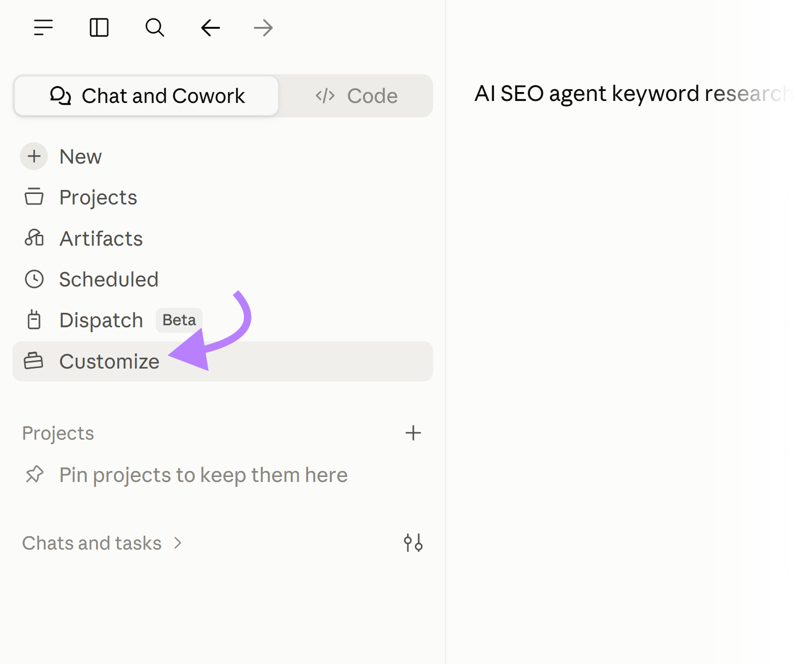 Claude sidebar with the Customize option highlighted for creating or managing custom skills
