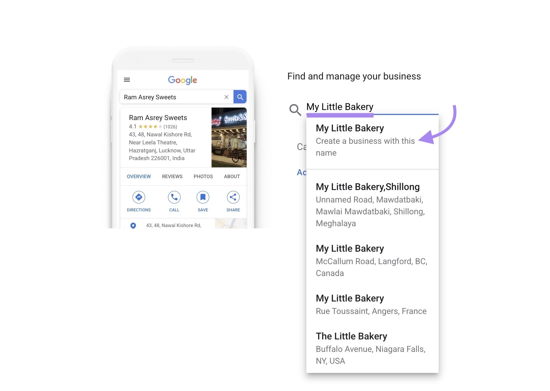 "My Little Bakery" entered and "Create a business with this name" selected from the drop-down clicked.