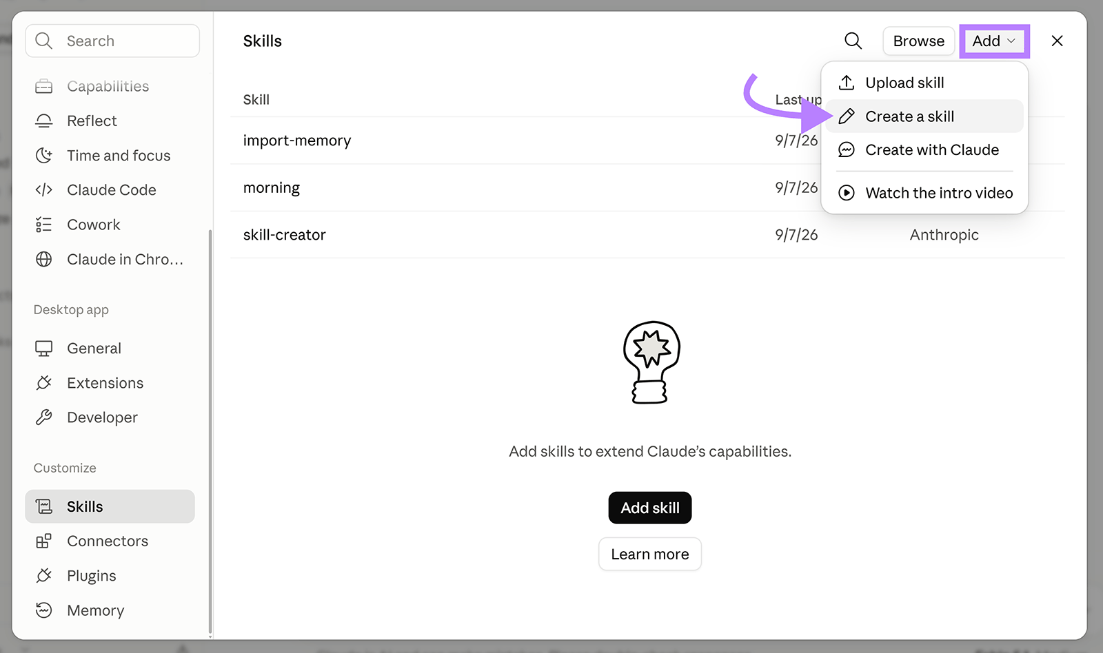 Claude Skills settings with the Add menu open and Create a skill highlighted