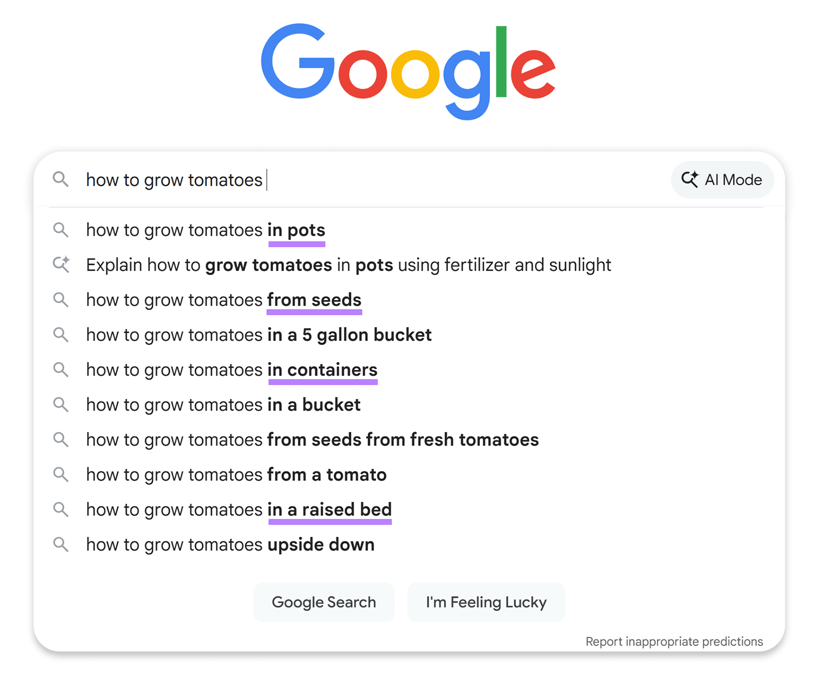 Google autocomplete suggestions for “how to grow tomatoes,” including pots, seeds, containers, and raised beds