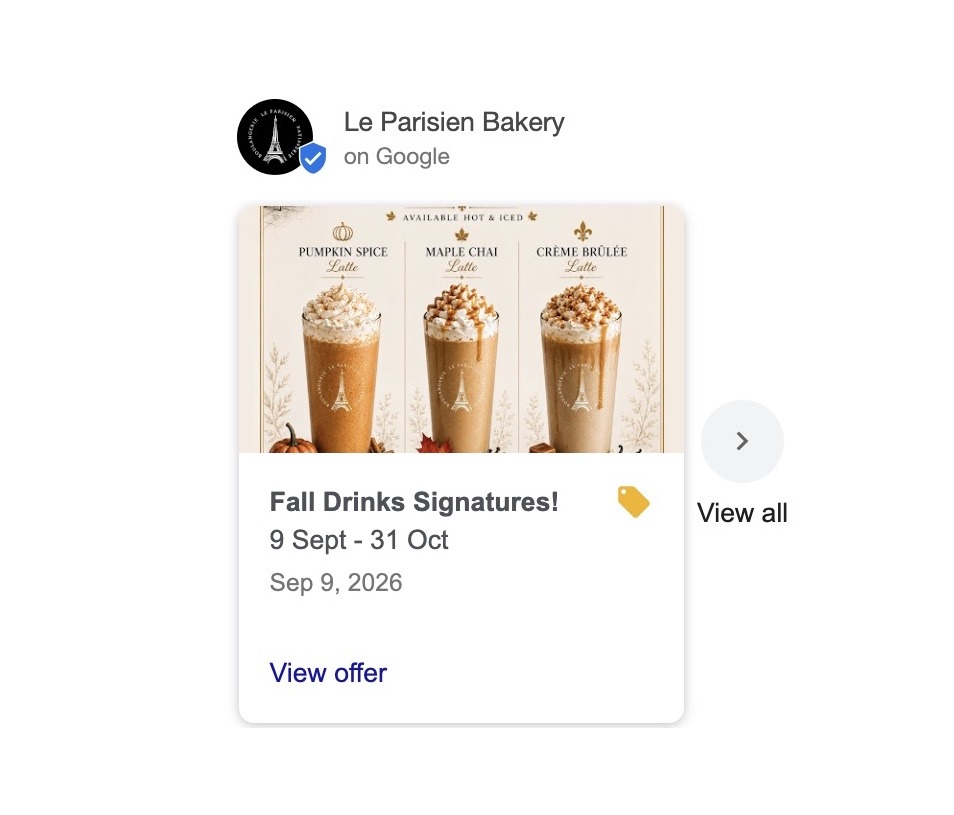 A Google post by Le Parisien Bakery highlighting their fall drinks signatures.