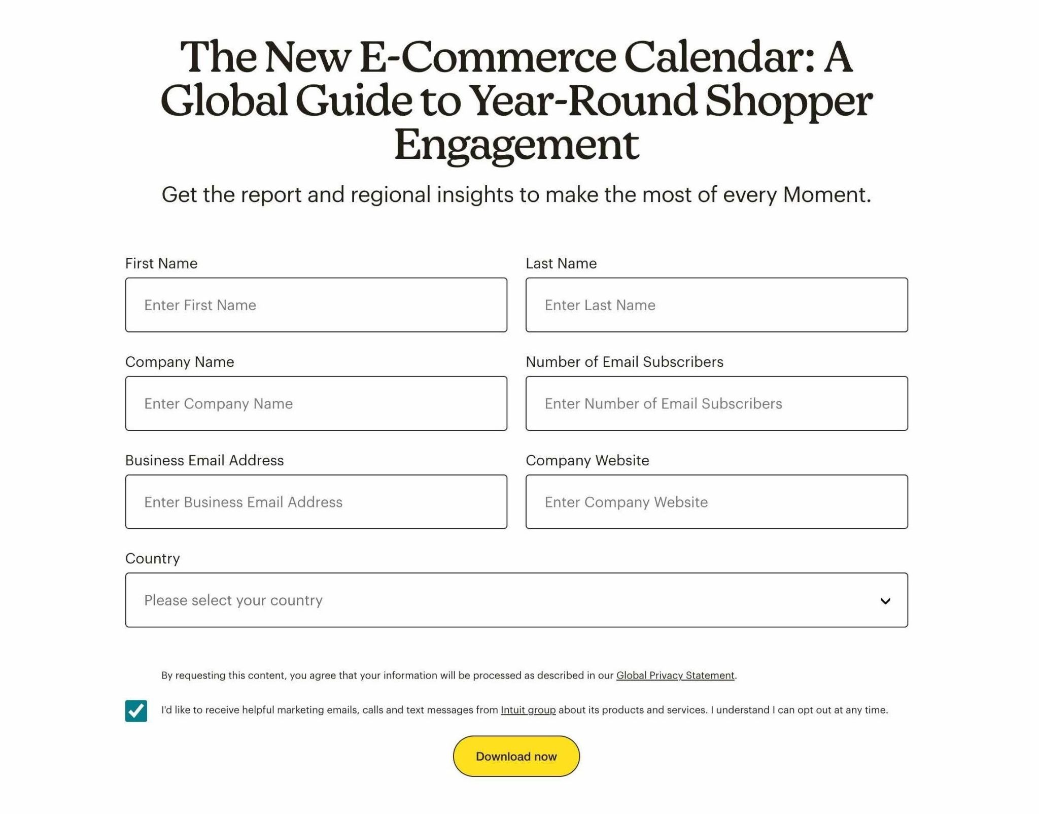 A signup form for a free resource on a landing page by Mailchimp.