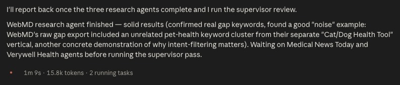 A message on Claude Code reading that'll it report back once the research agents complete and the supervisor review is done.