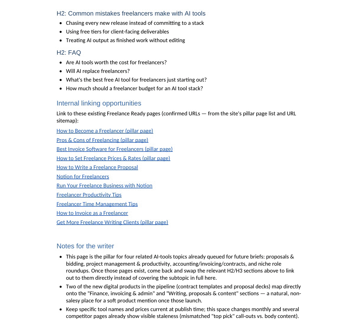 AI-generated content brief notes showing FAQ ideas, internal linking opportunities, and guidance for the writer