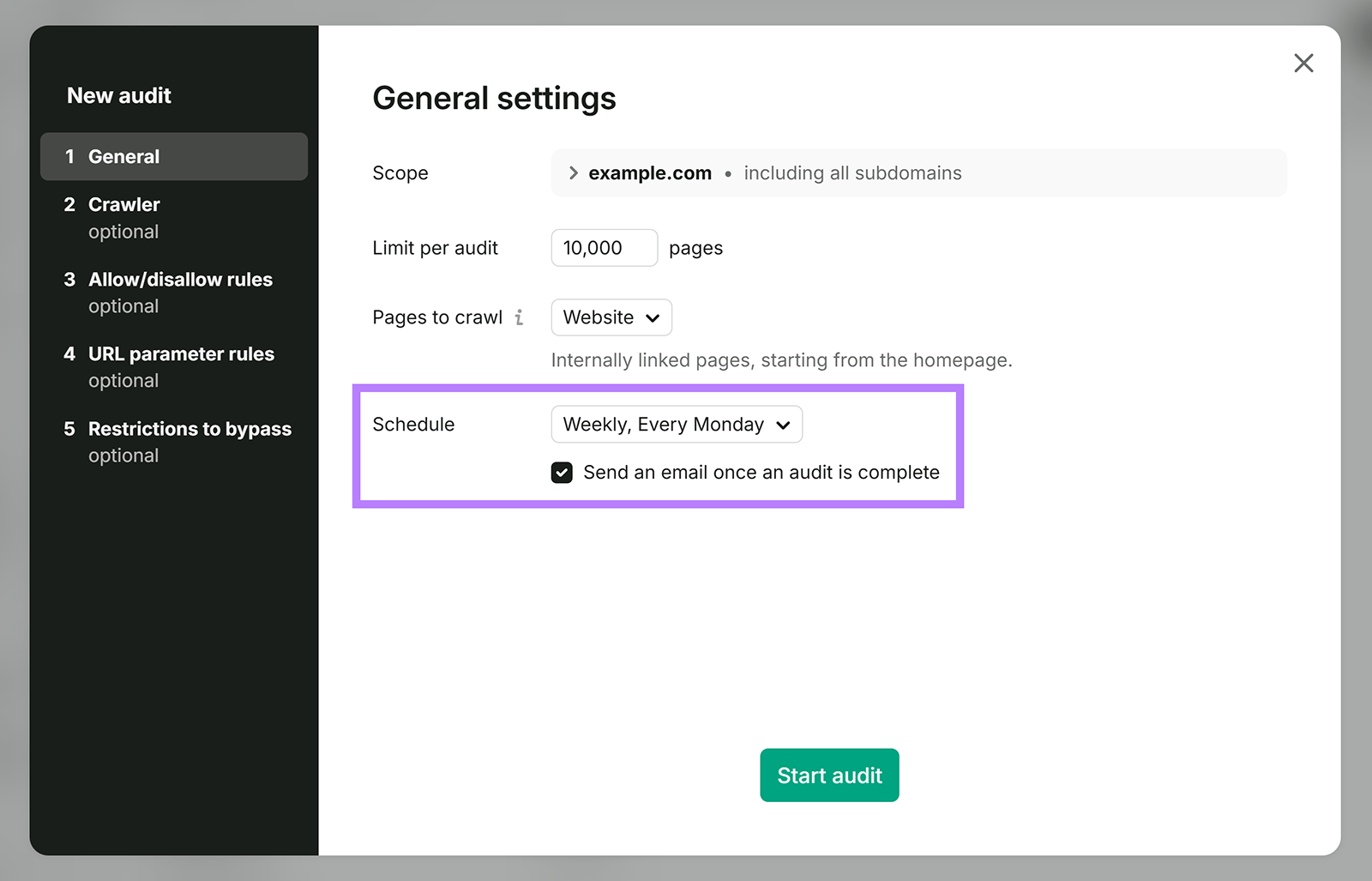 Semrush Site Audit settings showing a weekly Monday crawl schedule and email notification option