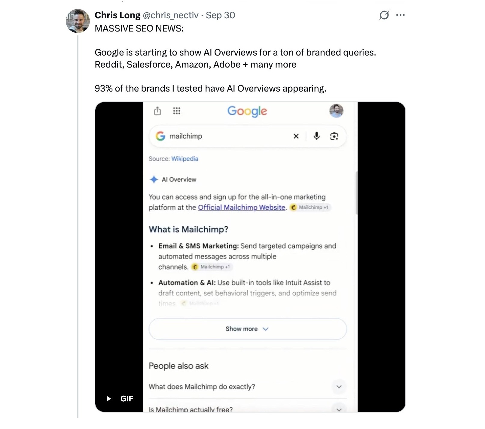 A post on X by Chris Long about how Google surfaced AI Overviews for 93% of brand queries tested.