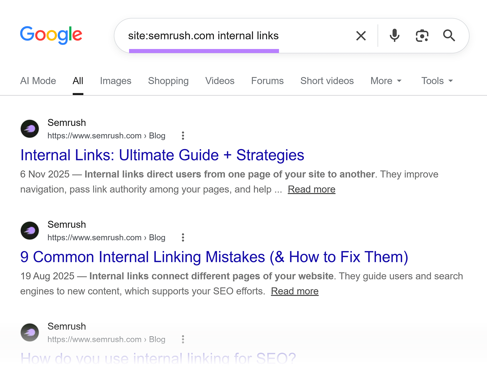 Google site search for Semrush pages containing the term “internal links”