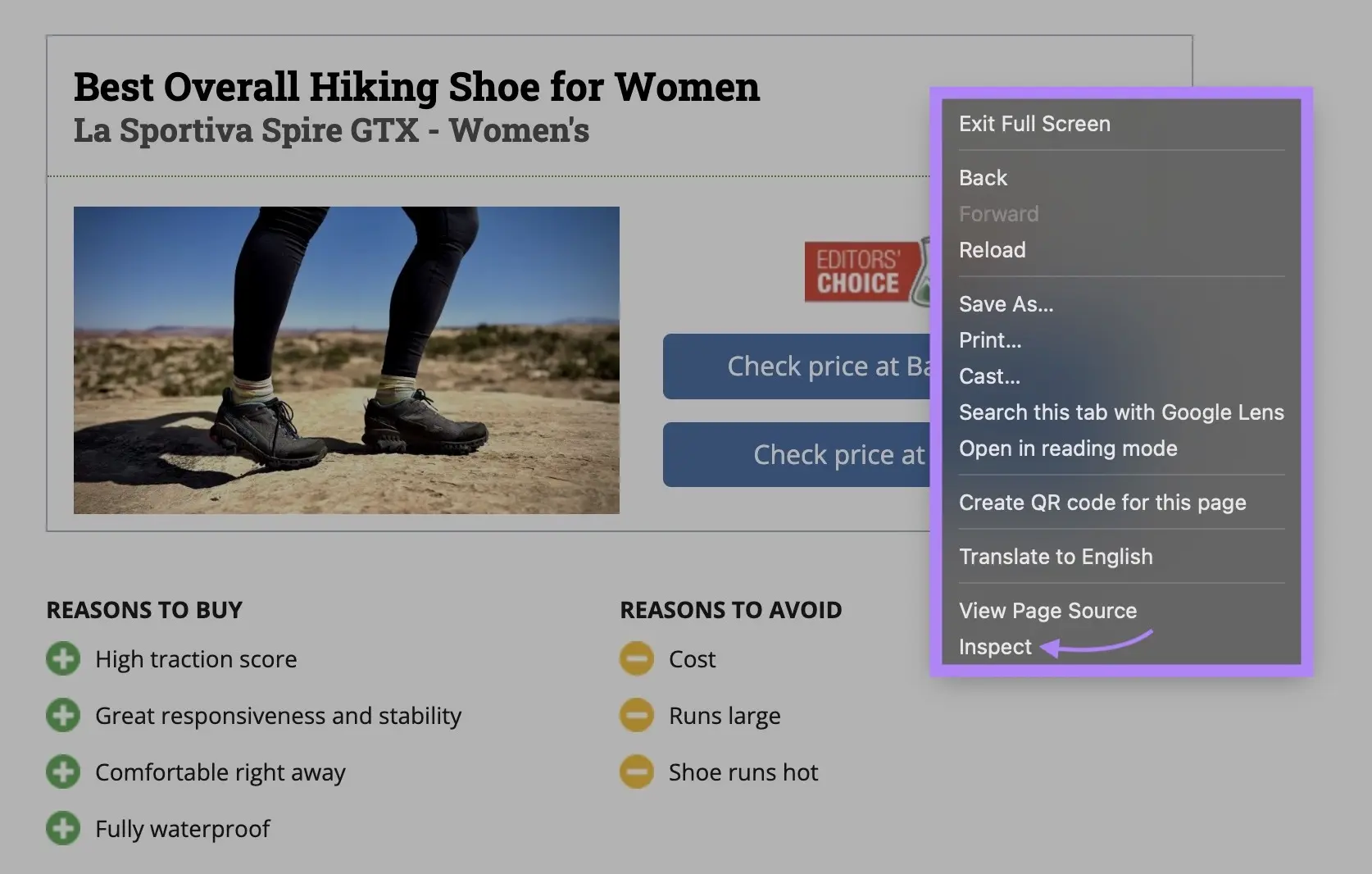 Webpage for a women’s hiking shoe with the browser menu open and the Inspect option highlighted