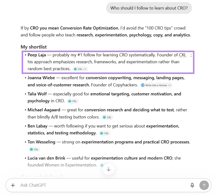 ChatGPT response to a prompt asking for who to follow to learn about CRO with "Peep Laja" highlighted.