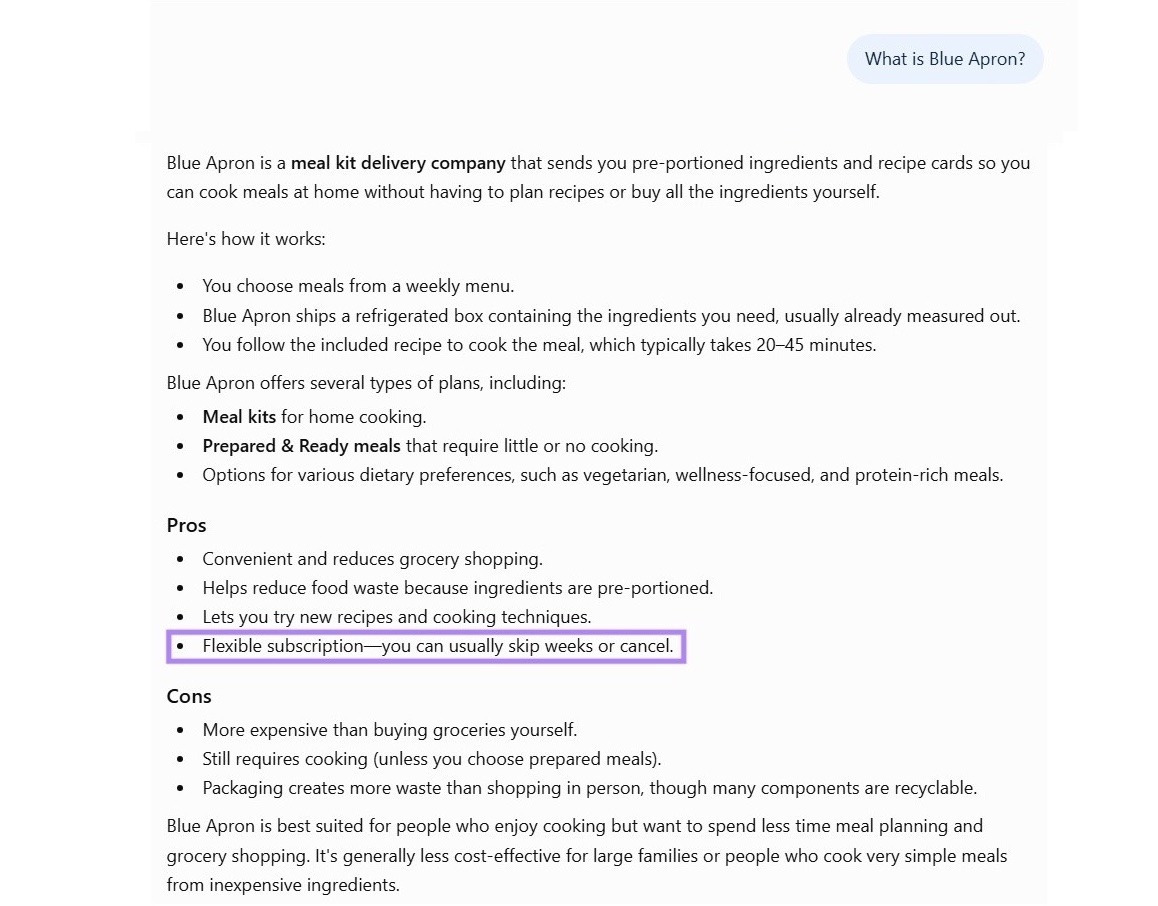 ChatGPT response to the prompt "What is Blue Apron?" with the outdated information, "flexible subscription", highlighted.