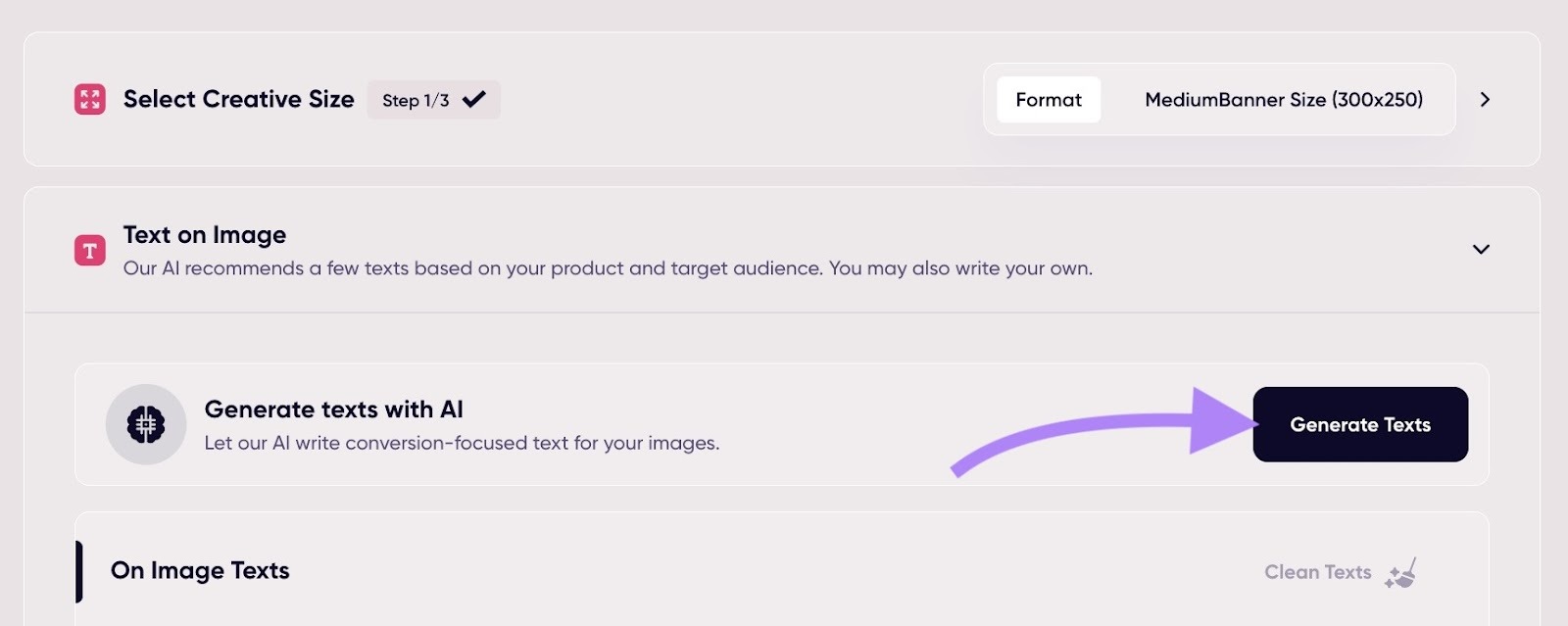 The "Generate Texts" button clicked next to Generate texts with AI on AdCreative.ai.