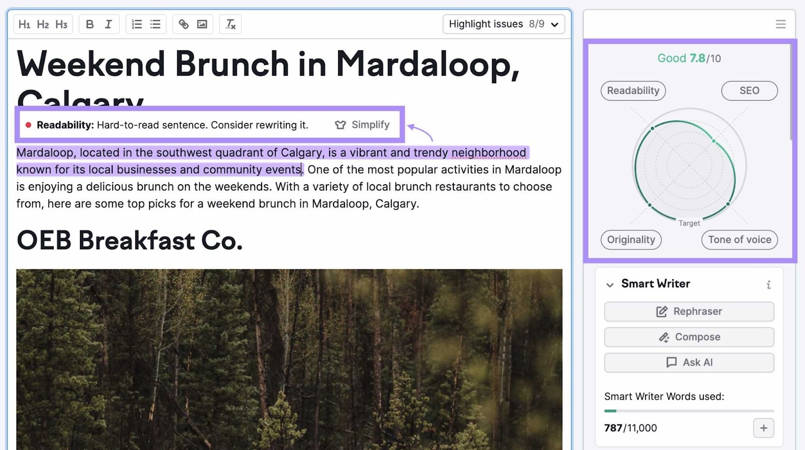 SEO Writing Assistant's content score (right) for the entered text on "Weekend Brunch in Mardaloop, Calgary&quot