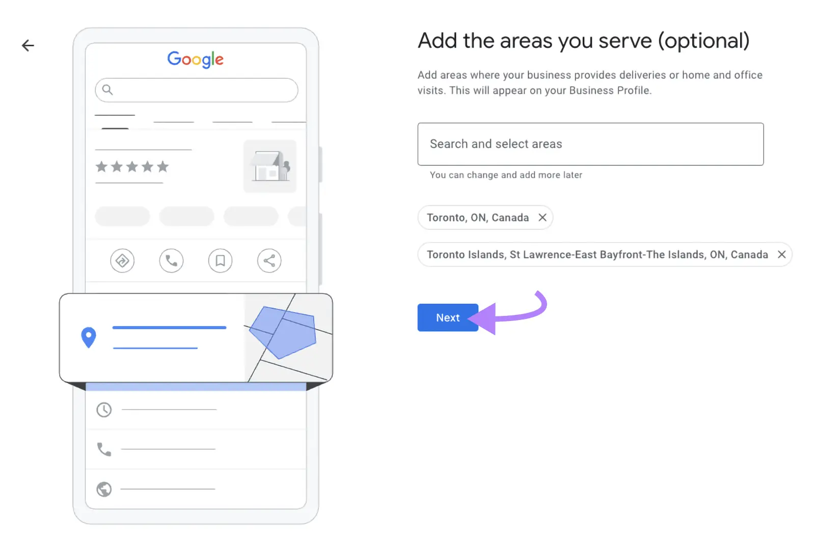 "Add the areas you serve" screen on GBP with a location selected and "Next" clicked.