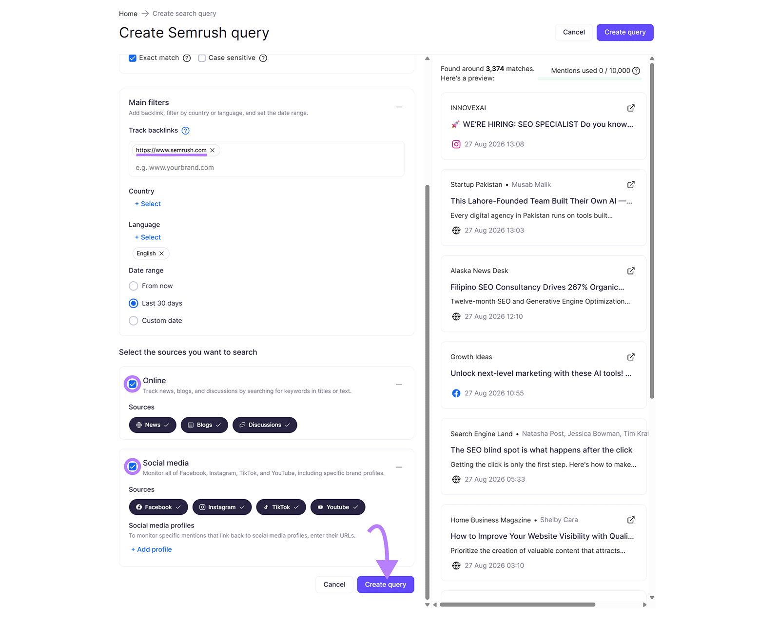 Semrush Brand Monitoring query setup for tracking backlinks and mentions across online and social sources