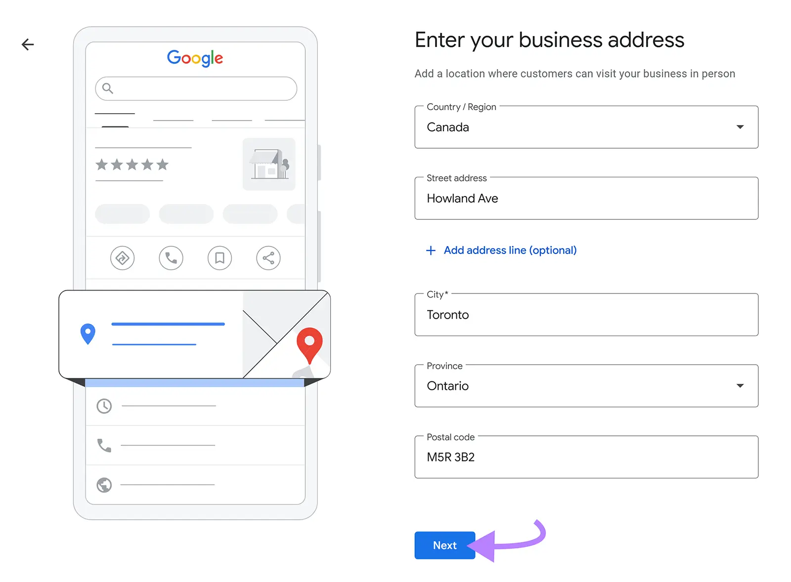 The "Enter your business address" window on GBP with an address entered and "Next" clicked.