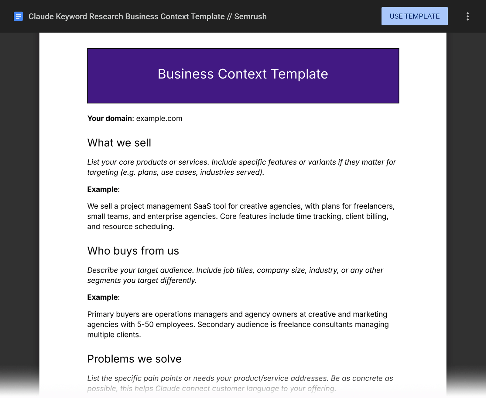 Business Context Template with sections for products or services, target buyers, and customer problems