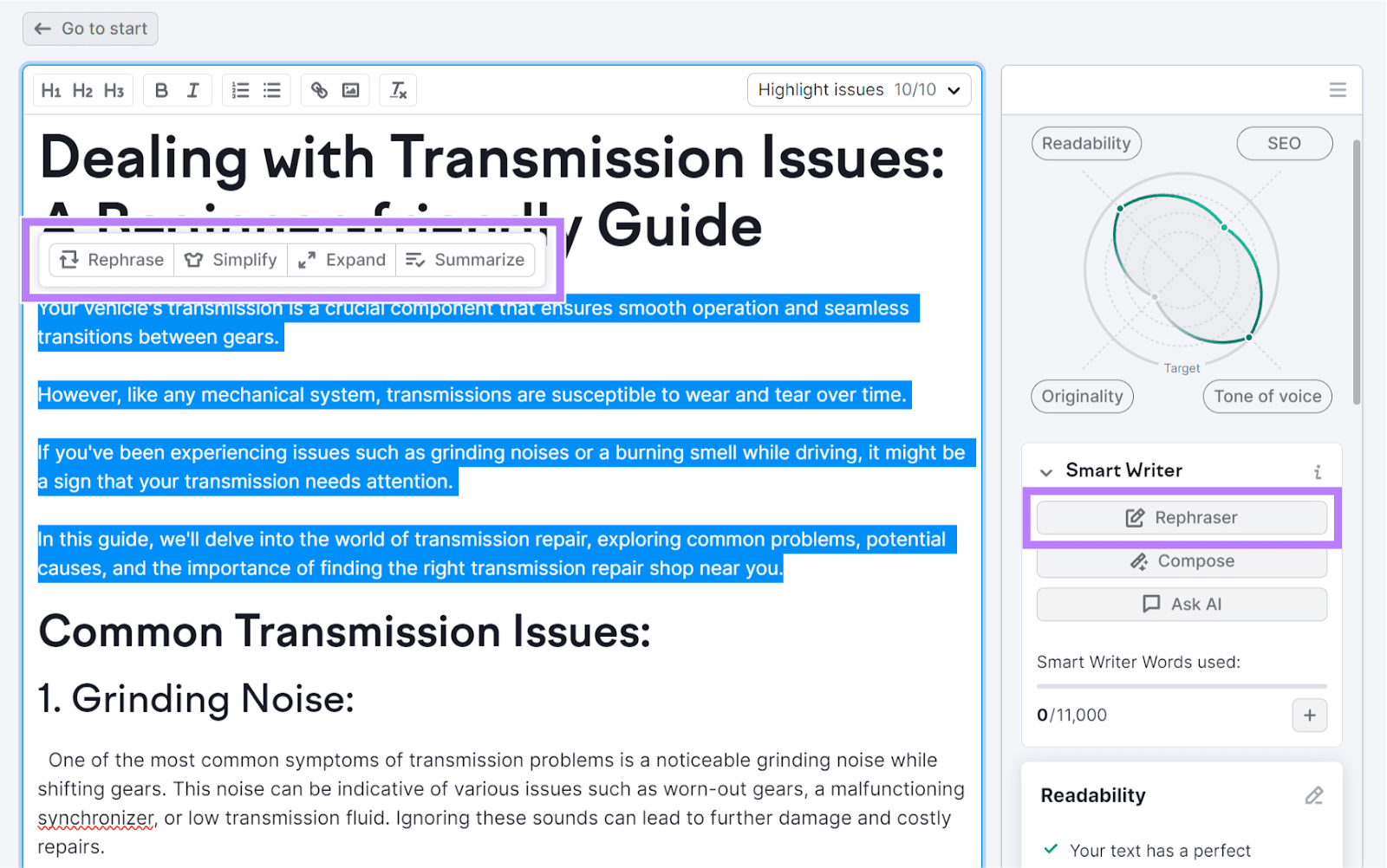 "Rephraser" feature highlighted in SEO Writing Assistant editor