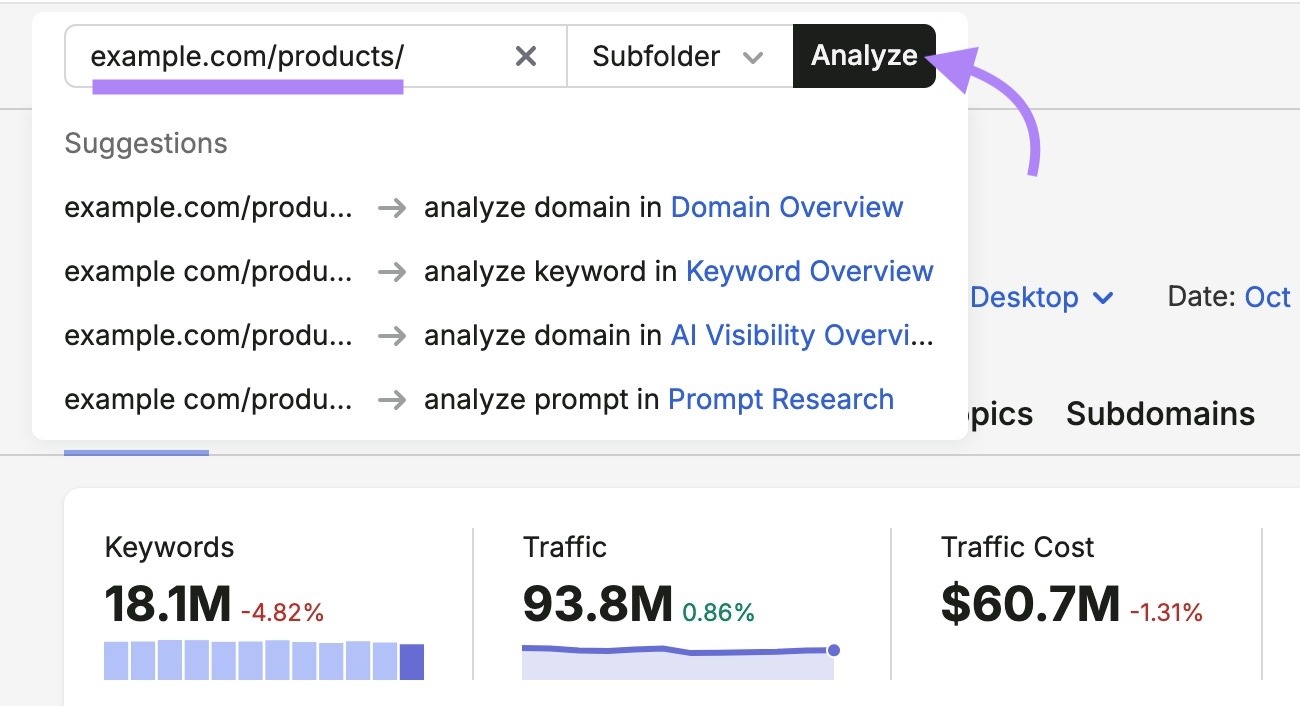 Organic Rankings with a subfolder URL, "example.com/products/", entered and "Analyze" clicked.