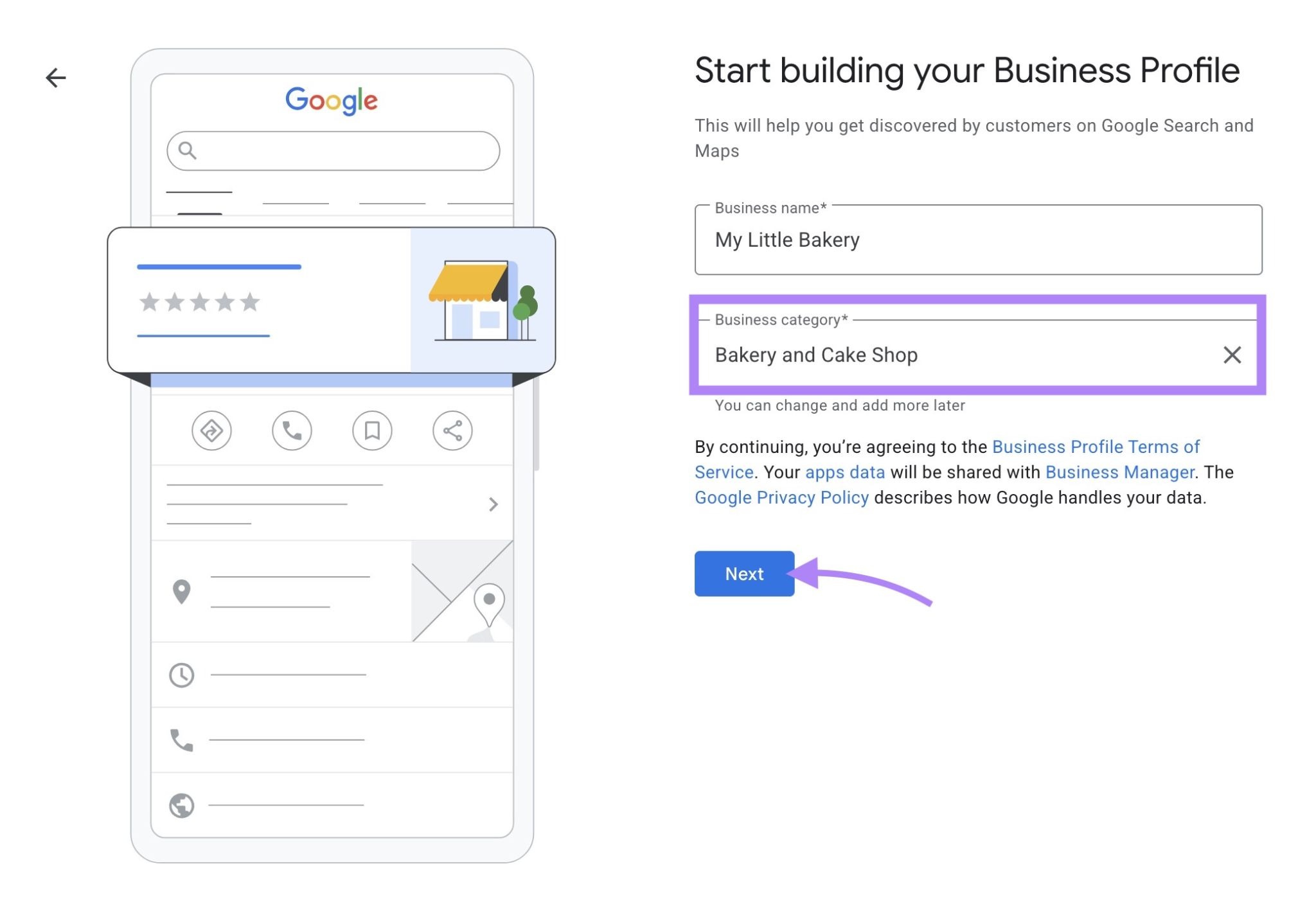 Start building your Business Profile page with the business category selected and the "Next" button highlighted.