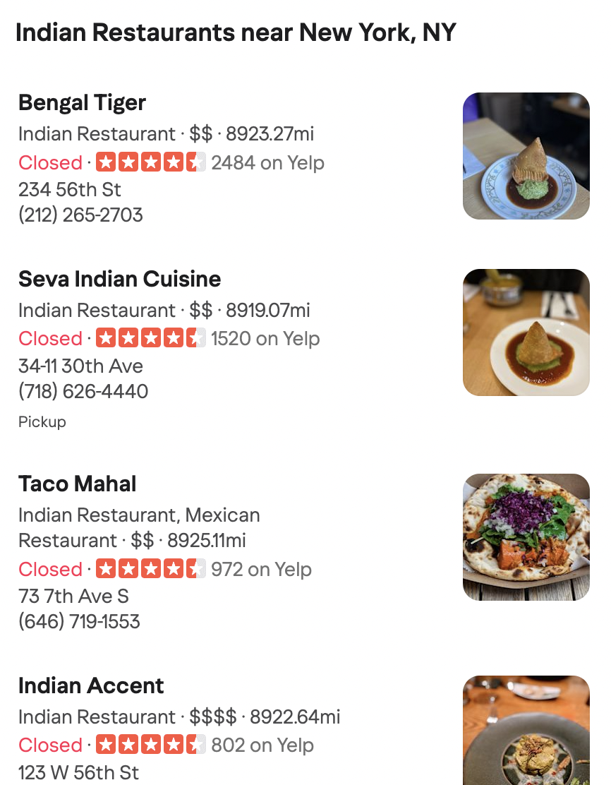 A local listing on Yahoo with data pulled directly from Yelp.