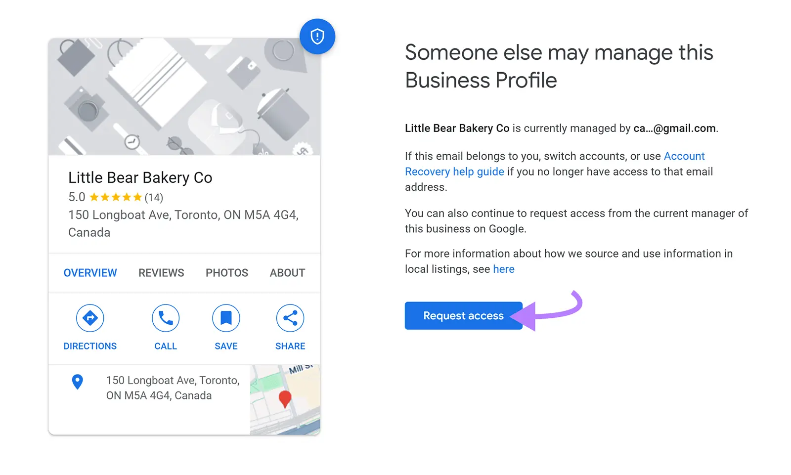 "Someone else may manage this Business Profile" screen on GBP with the "Request access" button highlighted.