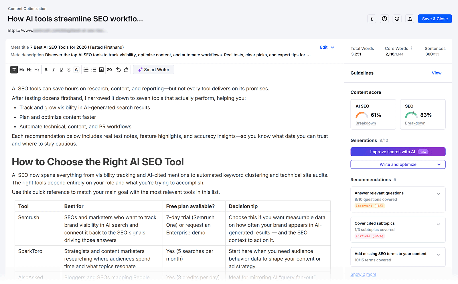 Semrush Enterprise Content Optimization tool showing content scores and SEO recommendations